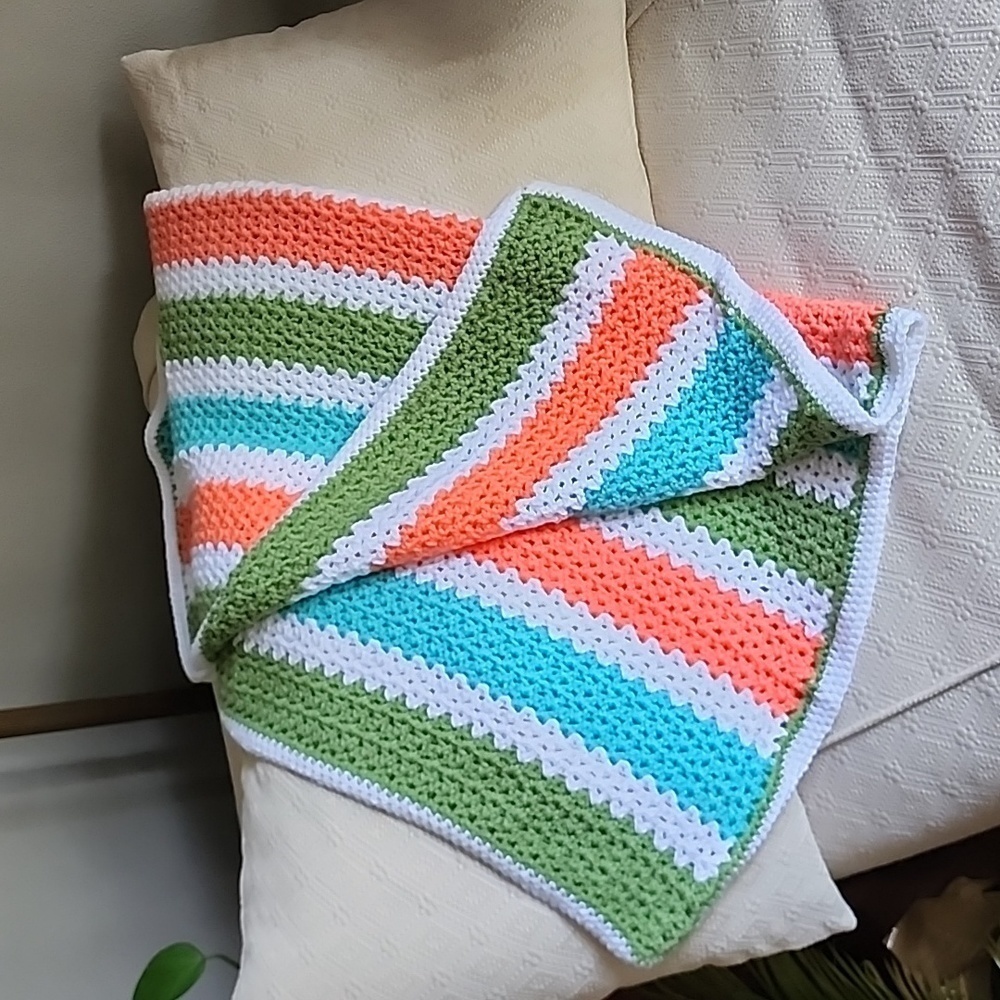 Beautiful Hand Crocheted Baby or Lap Throw Green Blue White Orange